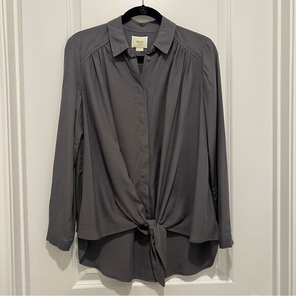 Anthropologie | Maeve Gray Tuesday Tie Front Blouse Women's Sz. XS 100% Tencel - Picture 3 of 12